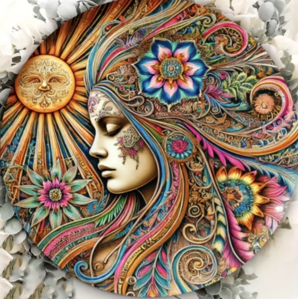 Hippie Mandala Wreath Sign Round Metal Plaque, Vintage Bohemian Wall Art decor